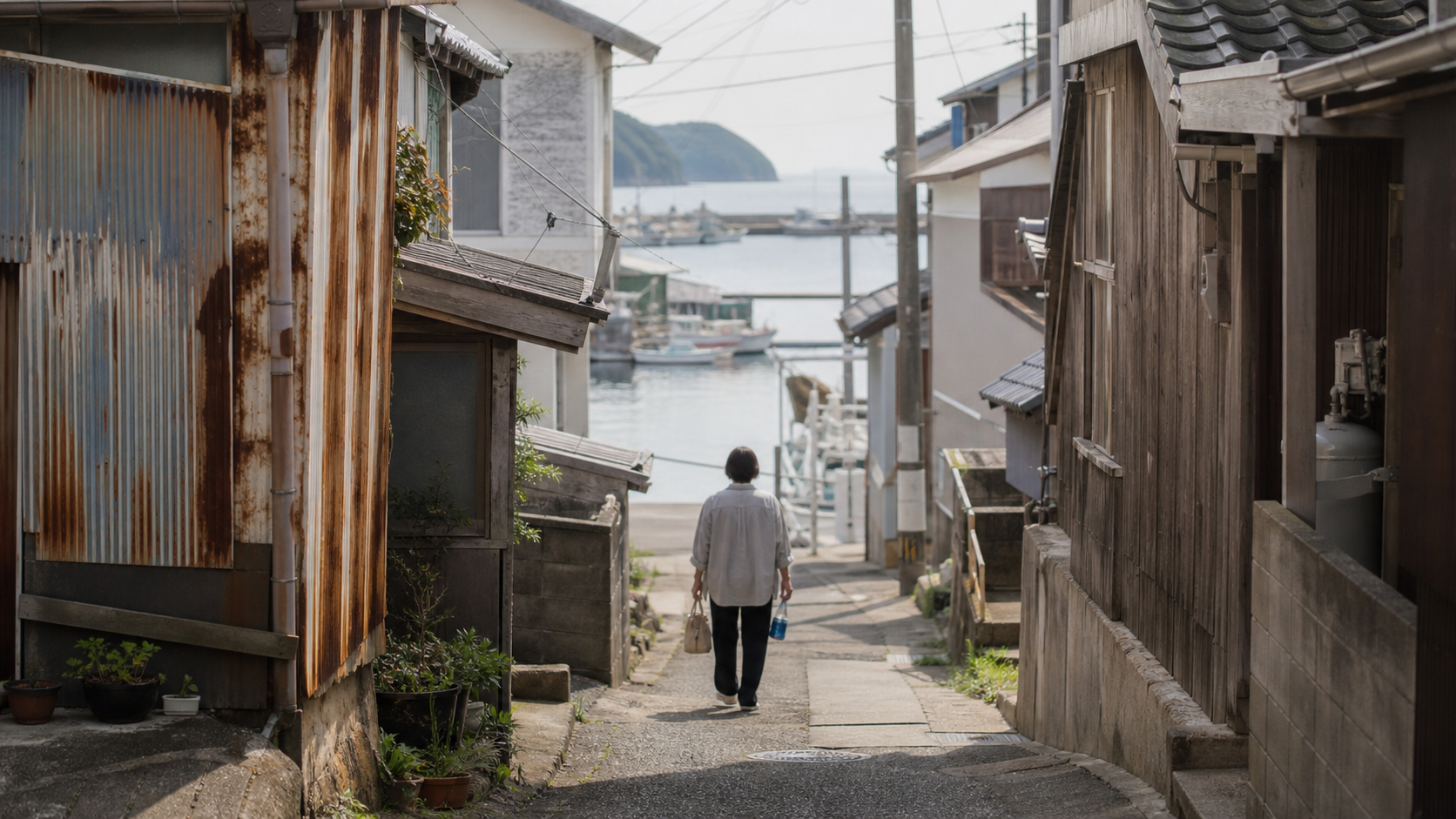 海が見える港町の細い路地を歩く人のイメージ