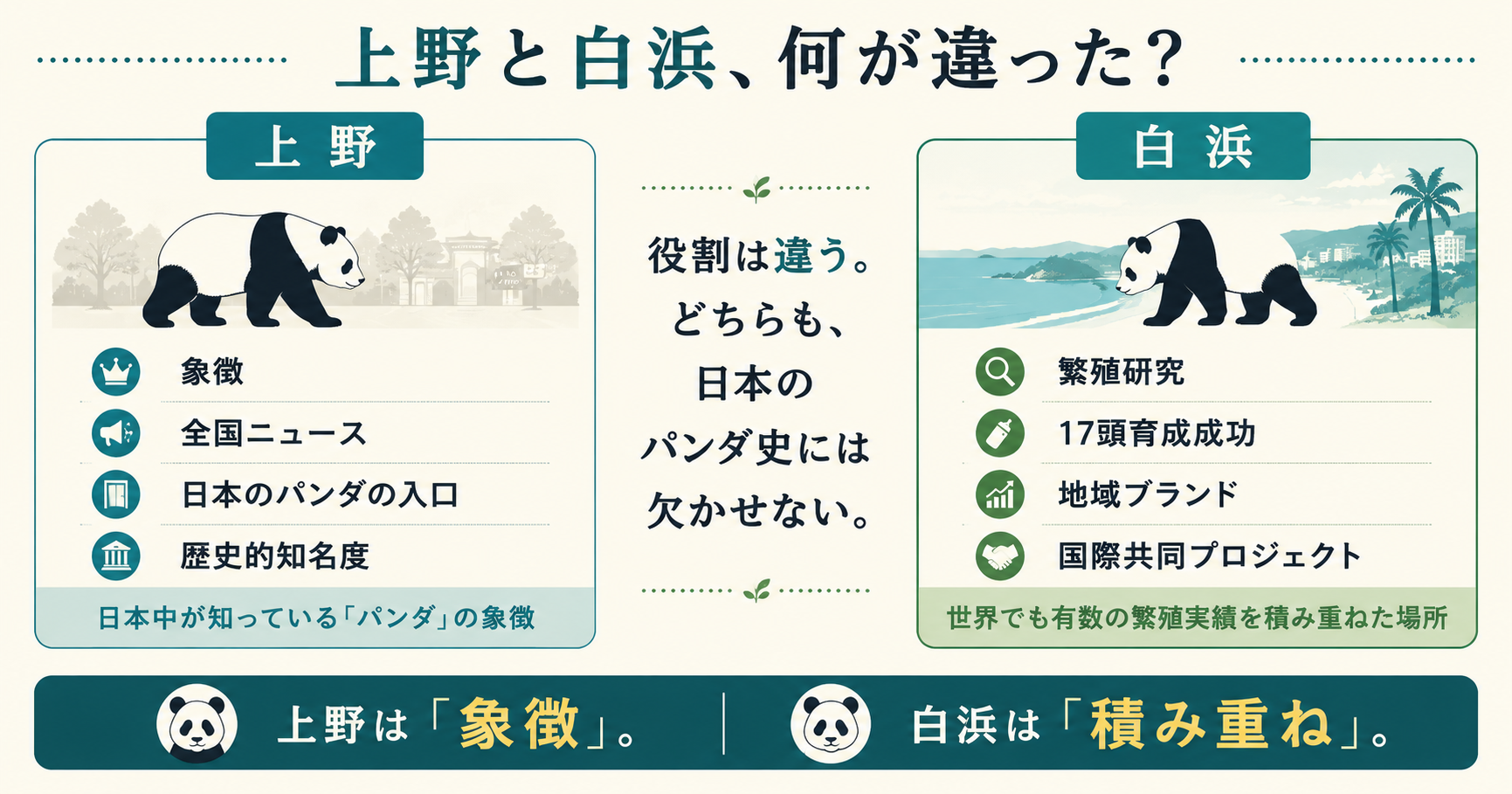 上野と白浜のパンダ史における役割の違いを示す図解