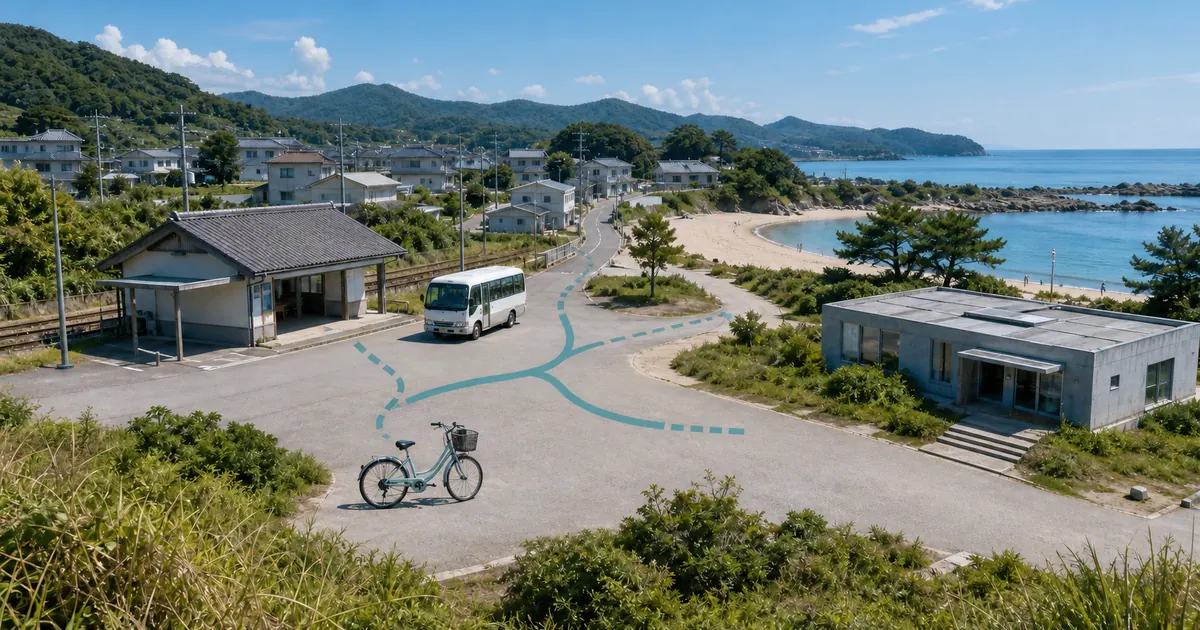 小さな海辺の町で駅、バス、自転車、海岸、施設を結ぶルートが分岐し途切れる観光導線のイメージ