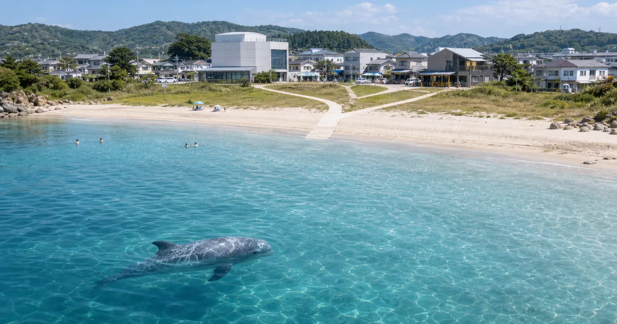 太地町をイメージした海辺を泳ぐハナゴンドウと、海水浴場から町へ分岐する観光導線