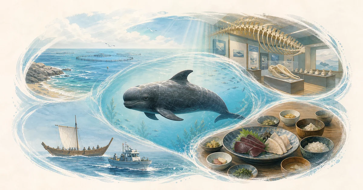 見る・学ぶ・食べる・捕るという太地町とクジラの四つの関係を表現したイメージ