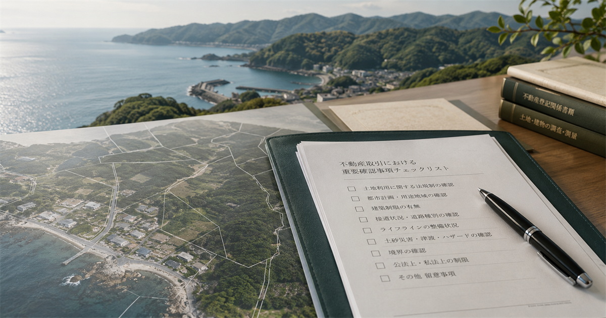 和歌山の海沿いの土地と区域確認書類を重ねた不動産確認のイメージ