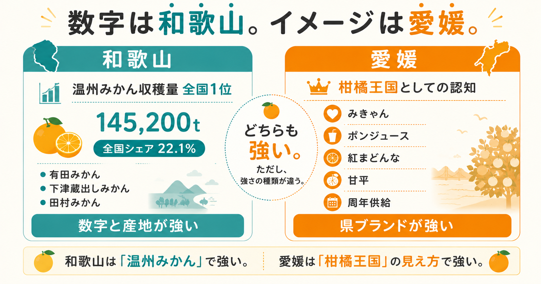 温州みかんで強い和歌山と柑橘王国として認知される愛媛の違いを整理した比較図