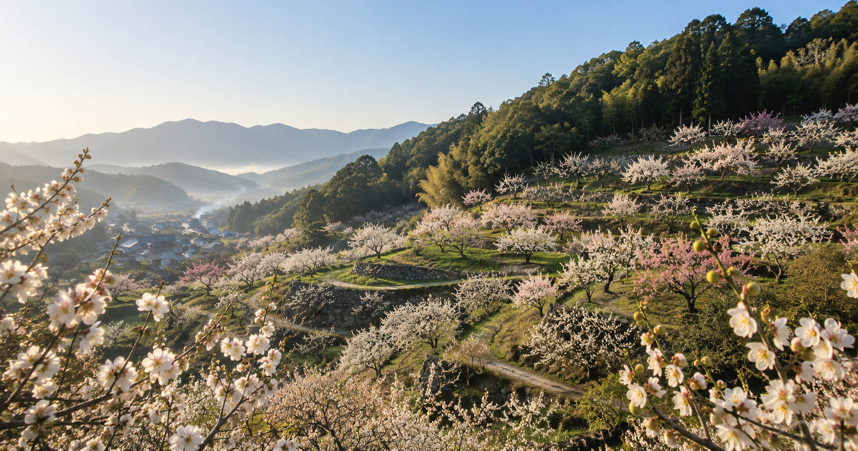 みなべ・田辺地域の梅林と薪炭林をイメージした、和歌山の梅システムを伝える記事ビジュアル