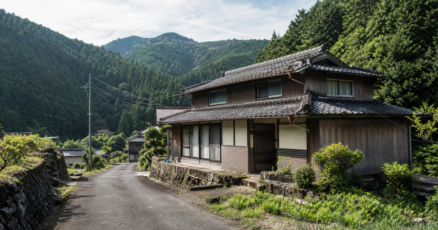 和歌山の山あいと古い住宅を背景に、空き家活用と移住を考えるイメージ